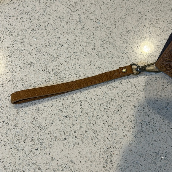 Brown and tan zipper wrist wallet. - Picture 2 of 7